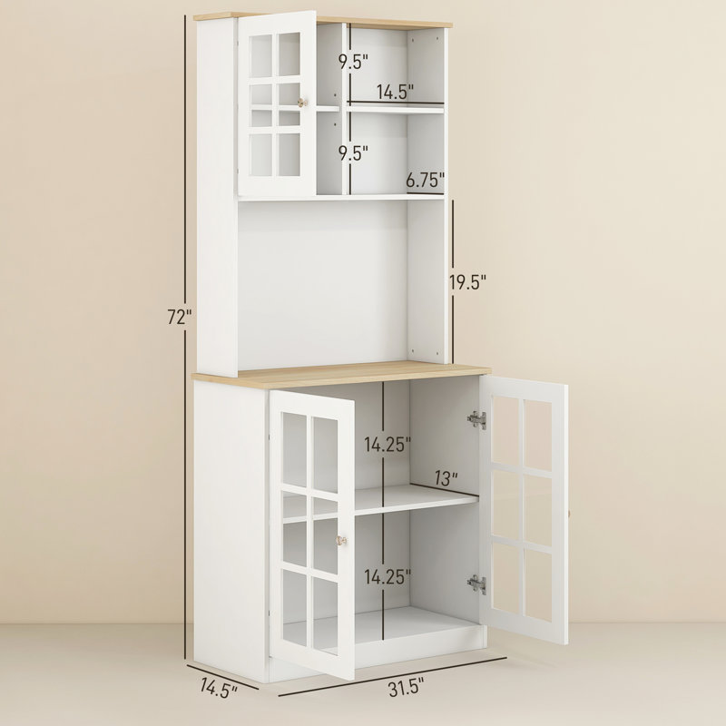Armoire de cuisine autoportante 72 po, blanche, avec grand comptoir, portes en verre, tablettes réglables pour garde-manger enchanteresse de salle à manger, 72 po, tablettes, portes