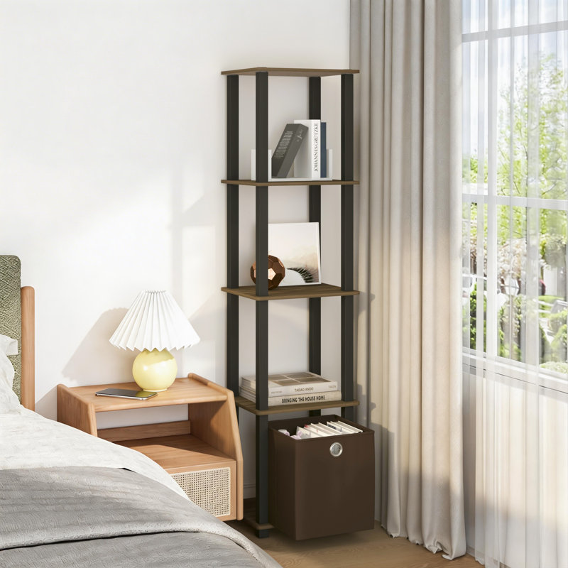 5-Tier Open Shelf Bookcase, Compact Storage Bookshelf with Bin, Columbia Walnut; Black