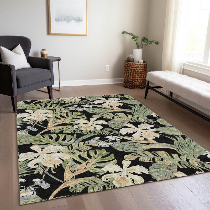 Addison 3' x 5' Black Synthetic Floral Washable Rug