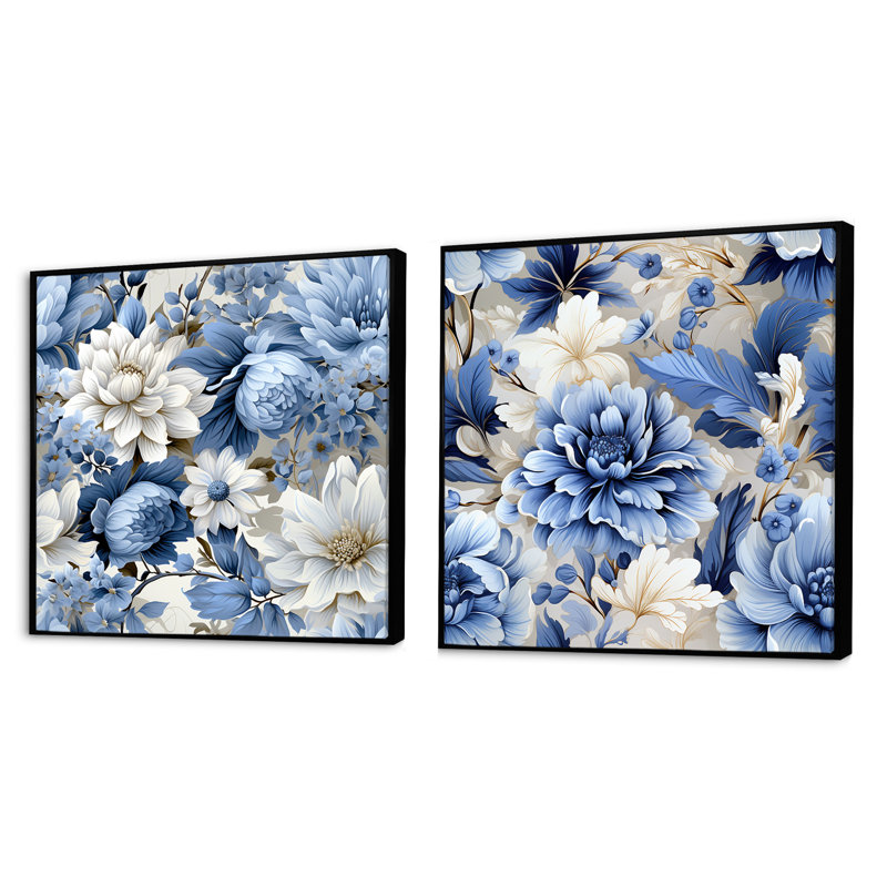 Boxborough - Ensemble de 2 collages carrés floraux, Cadre flottant noir, H 16 po x l 33 po
