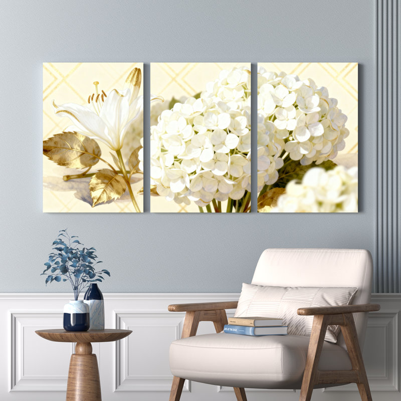 Tableau mural sur toile tendue, motif floral lys blanc et hortensias, élégants accents dorés (lot de 3), H 30 po x l 60 po
