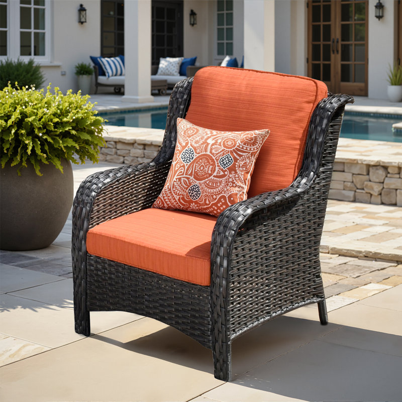 Guillen Wicker/rattan Patio Chair With Cushions, Orange Cushion/Brown Frame
