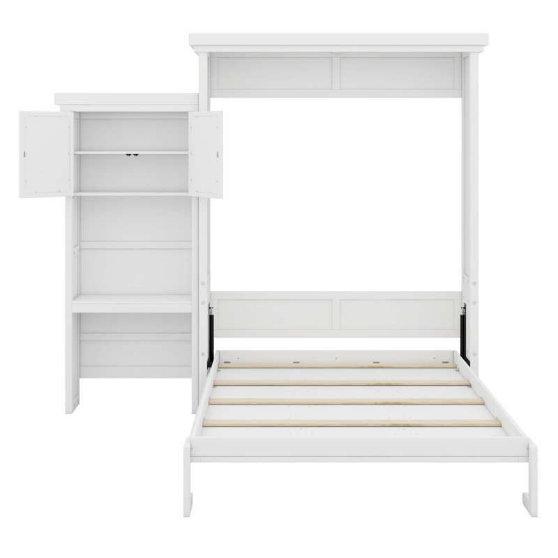 Structure de lit escamotable moderne avec décoration à persiennes et tablettes de rangement intégrées, White