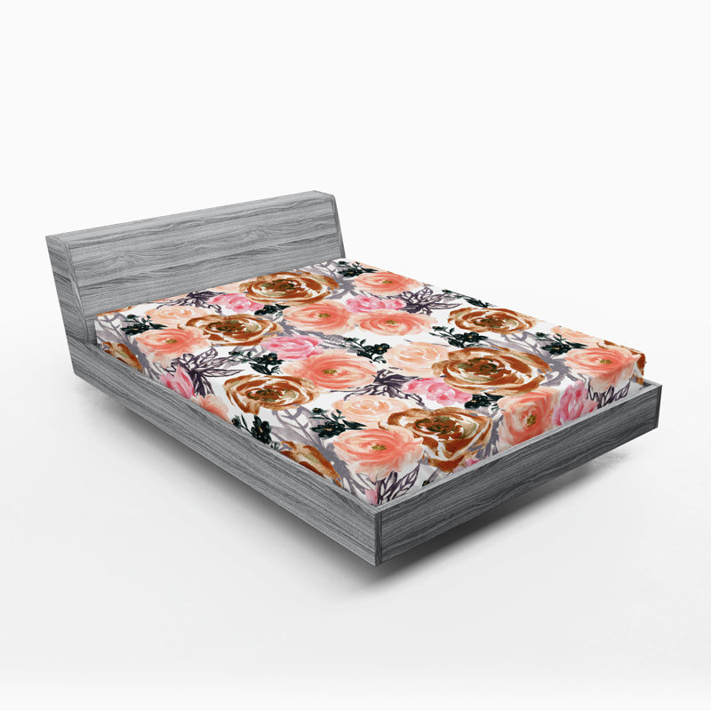 Drap-housse rustique Ambesonne, Pêche foncé, rose pastel / floral, Full Fitted Sheet