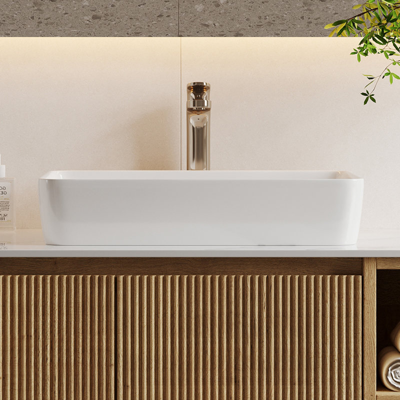 18.9" Modern Rectangular Above-Counter Vessel Sink, White Premium Ceramic Bathroom Sink