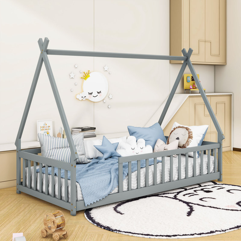 Twin Wooden Floor Bed With Teepee Design And Slats, Gray
