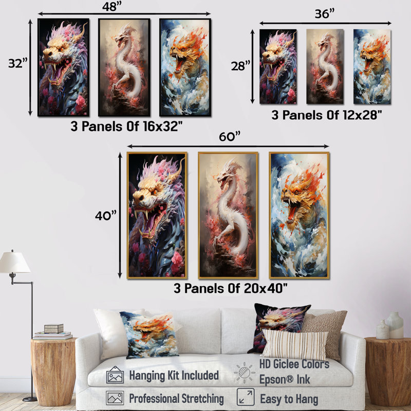 «China Dragon Dance I», ensemble de 3 reproductions d'art sur toile, Cadre flottant noir, H 40 po x l 60 po