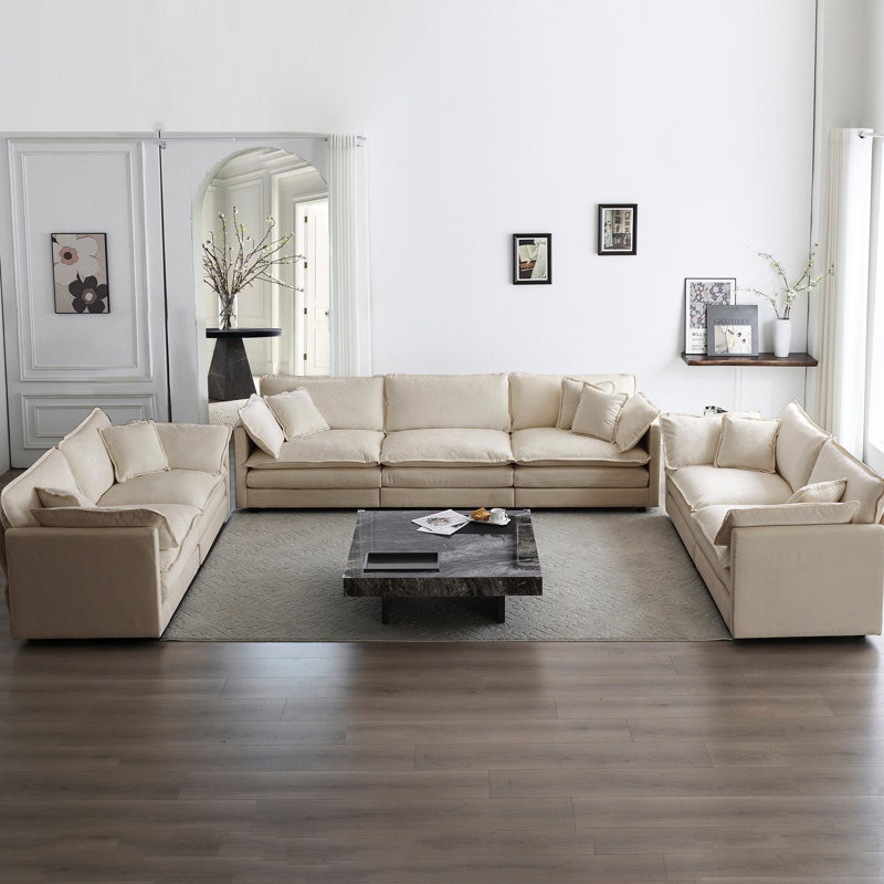 Chenille beige de salon - canapé confortable surdimensionné 3 pièces Base en bois massif. Matériau hautement respirant. Intérieur en éponge. Dispositions de sièges réversibles. Espace confortable. Facile à assembler 2