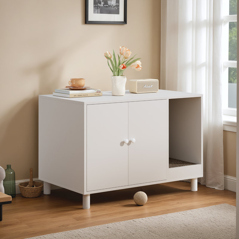 Modern Cat Litter Box Enclosure With Cat Scratching Board, Hidden Cat Litter Box Furniture Storage Cabinet, White