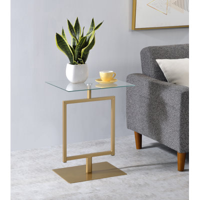Izayah Rectangular Side Table, Metal Base with Tempered Glass Top