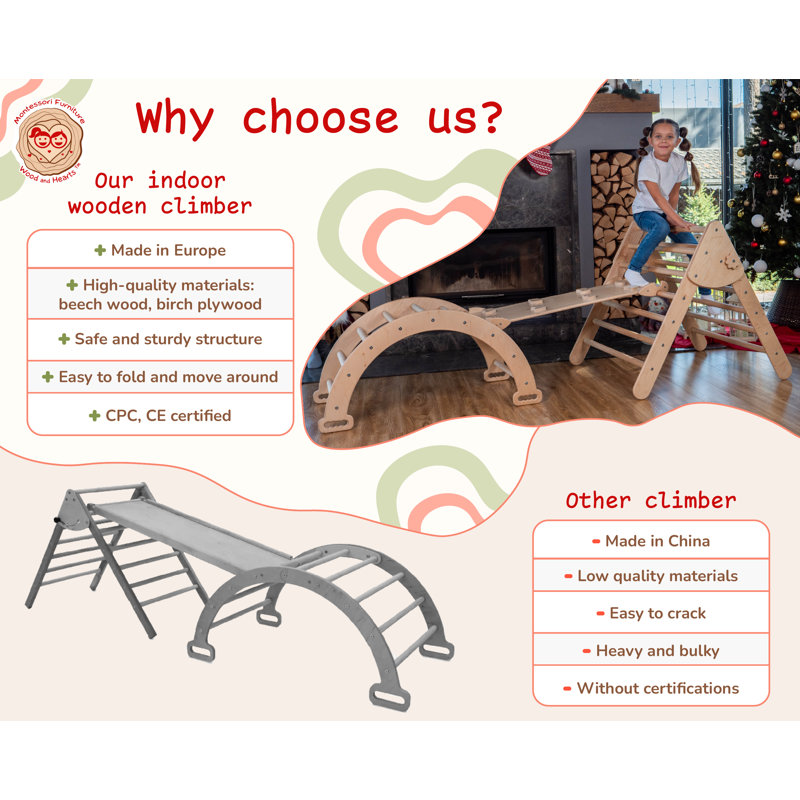 Natural Wood Montessori Climbing Set with Slide and Arch