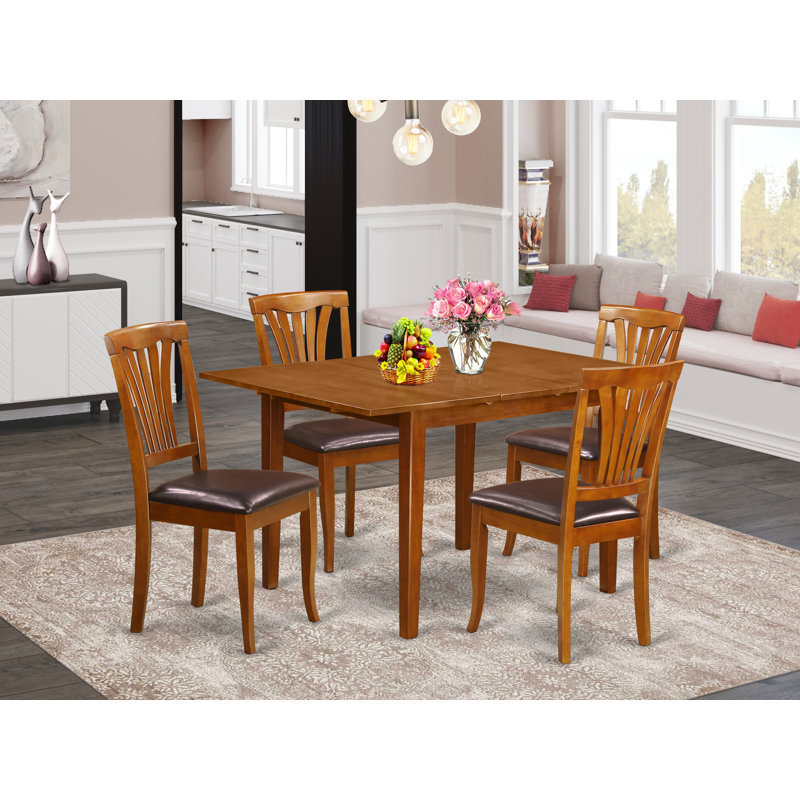 5 Piece Kitchen Table & Chairs Set Includes a Rectangle Dining Room Table with Butterfly Leaf and 4 Faux Leather Chairs, Saddle Brown