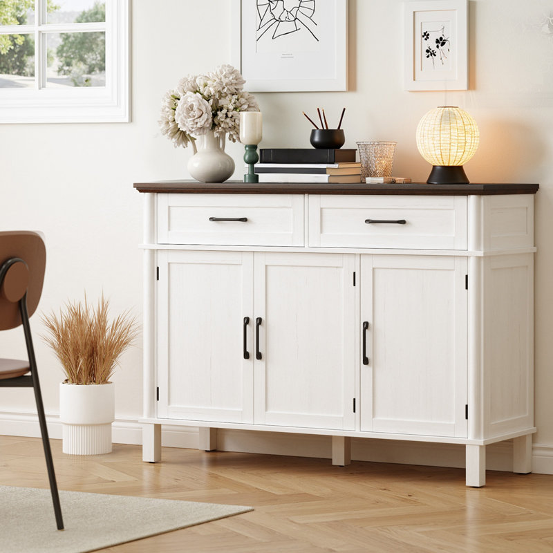 Buffet Cabinet Sideboard With Drawers, Shelves And Doors, 34.2" H x 47.2" W x 14.9" D, Off white/Brown