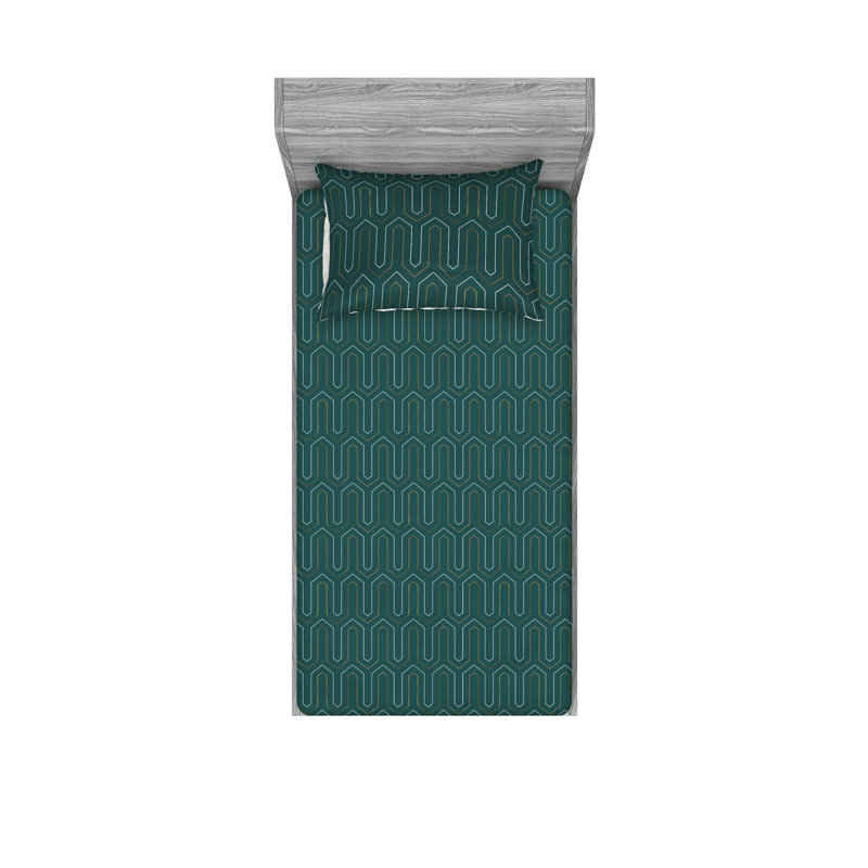 Ambesonne Fitted Sheet & Shams, Hunter Green/Earth Yellow Abstract, Twin Sheet Set with 1 Pillowcase