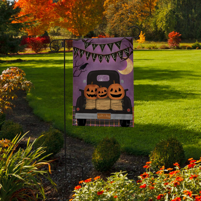 Drapeau d'Halloween camion de jardin primitif, Orange / noir / mauve / jaune