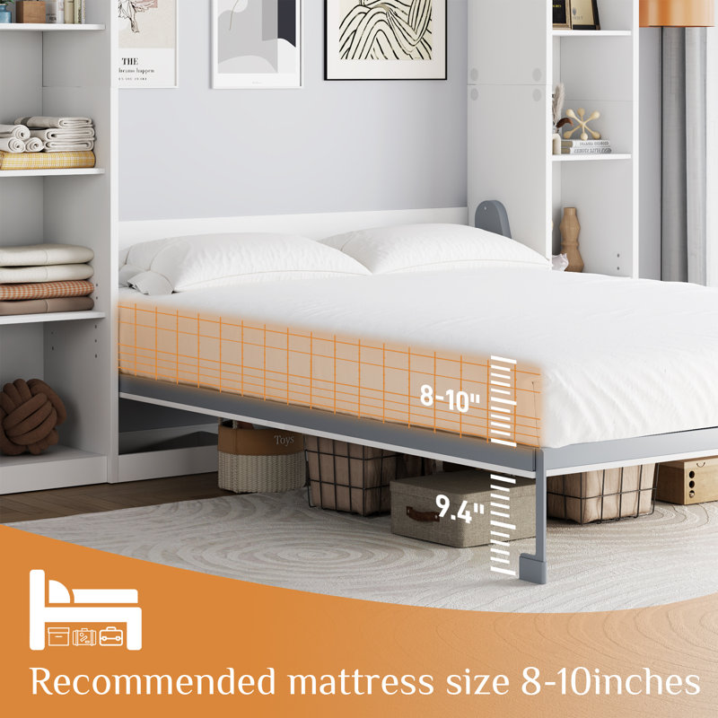 Lit escamotable Murphy avec tablettes de rangement, Blanc, Lit double