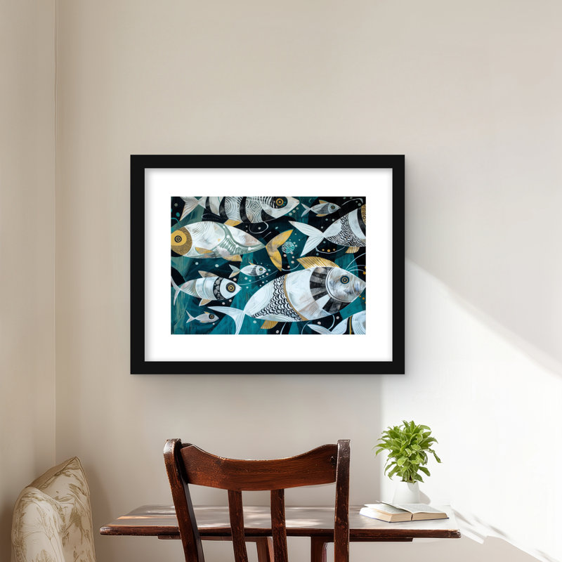 School of Fish - reproduction matte encadrée grise pour la décoration intérieure