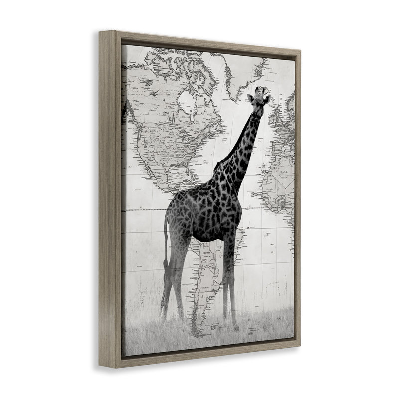 Girafe avec carte du monde rétro, H 21 po x l 17 po, Cadre flottant orme Montalcino