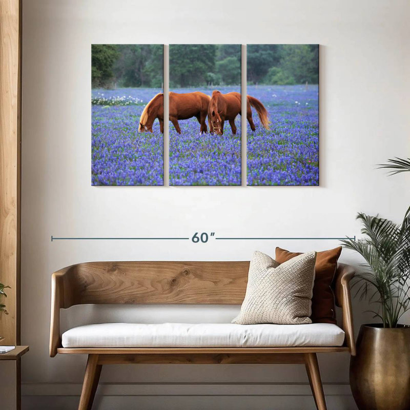 Brampt Horses Grazing Among Bluebonnets, 28" H x 45" W