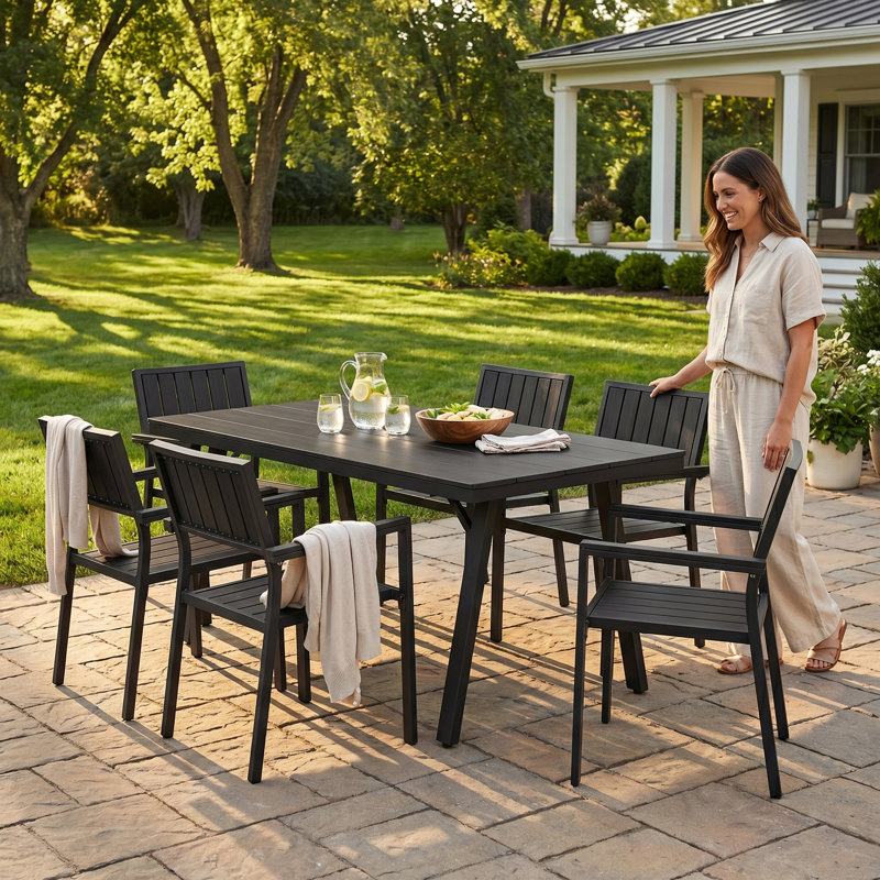 Chamblee Nika Outdoor 7-Piece Dining Set, Aluminum Alloy,Suitable For Patio Gatherings, 6, Black
