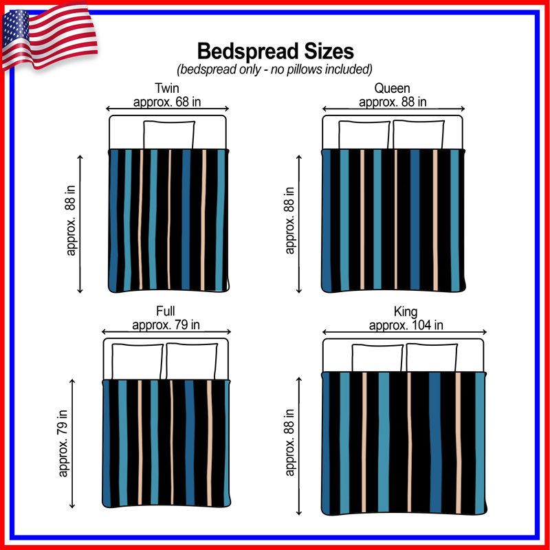 Black Blue Striped Quilted Bedspread All Sizes, Queen
