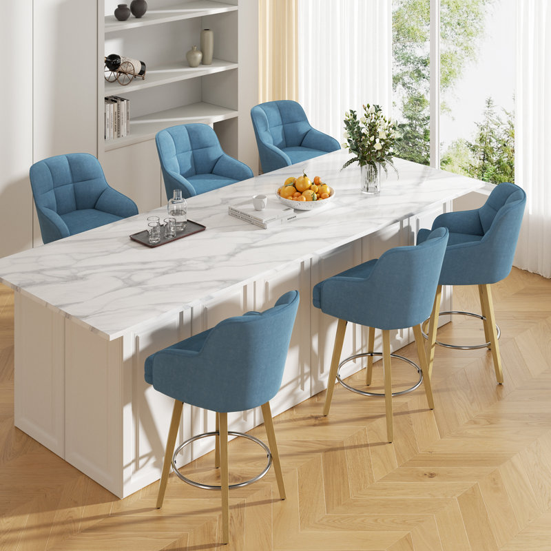 Modern Swivel Bar Stool With Backrest, Armrests And Wood Legs - Counter Height Chair For Kitchen Island, Blue