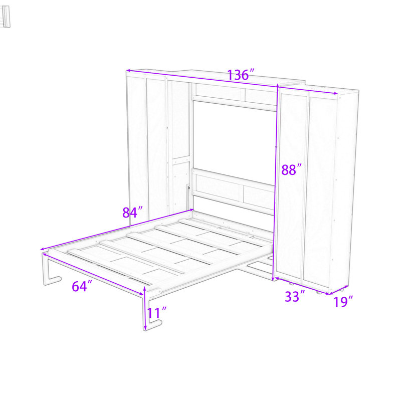 Grand lit escamotable en bois avec armoires pliables à pousser, Espresso