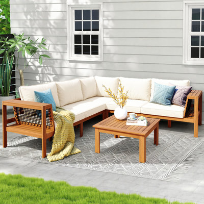 Ensemble de conversation modulaire en bois d'acacia avec 4 coussins