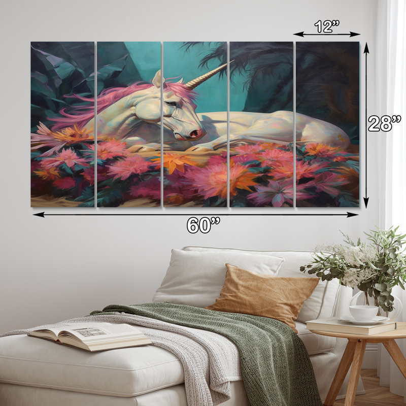 Mignonnes licornes dormant ensemble dans un champ de fleurs V - Licorne fantastique, art mural, salon - 5 panneaux égaux