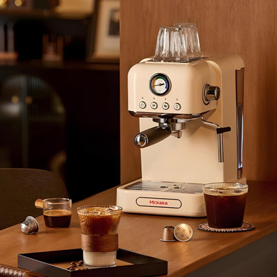 Petite machine à café expresso rétro semi-automatique pour la maison, extraction par capsules et mousseur à lait vapeur