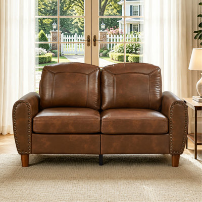 59" Classic Living Room Sofa Loveseat Faux Leather Couch,Rolled Arm Sofa with Nails,Solid Wood Legs,Upholstered Breathable PU Leather Brown.