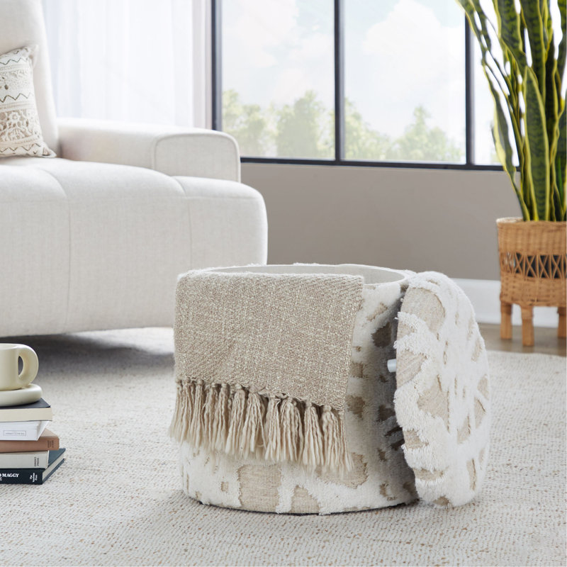 Repose-pieds de rangement 18 po en laine beige Acro avec motif texturé à poils longs, Laine, Beige