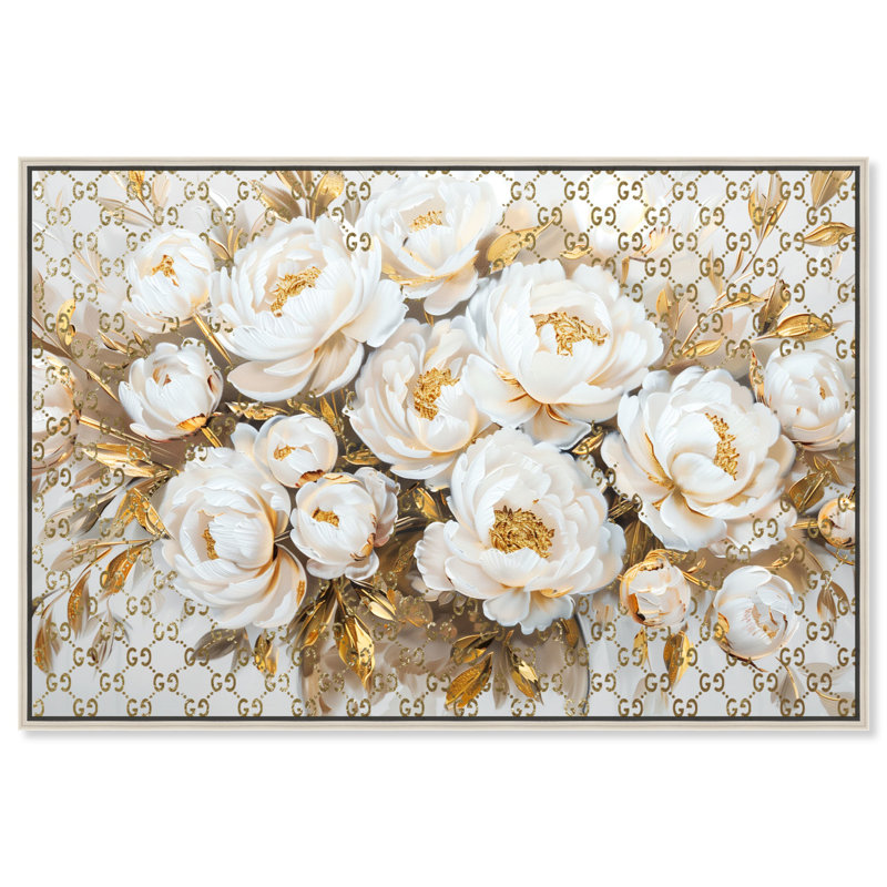 Art floral sur toile avec arrangement royal doré, Cadre argenté, H 11 po x l 16 po