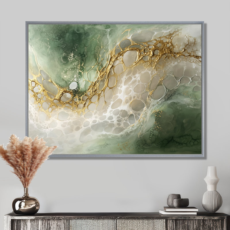 Éphémère, chemin émeraude vers la pierre précieuse I - art mural en marbre, H 12 po x l 20 po, Cadre flottant, Argent argent