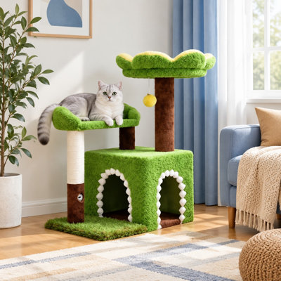 Griffoir court 3 en 1 style tournesol pour petits chats et chatons, combinant une petite tour, un condo pour chat, un perchoir, un lit et des poteaux à griffer.