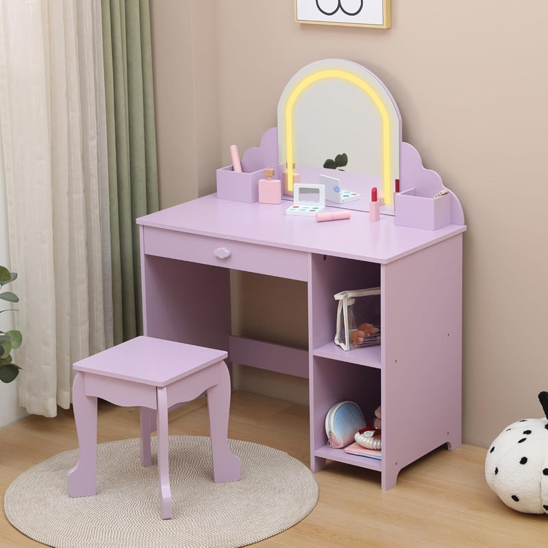 Ensemble de coiffeuse pour enfants avec miroir lumineux et tabouret, lumières DEL réglables, Mauve