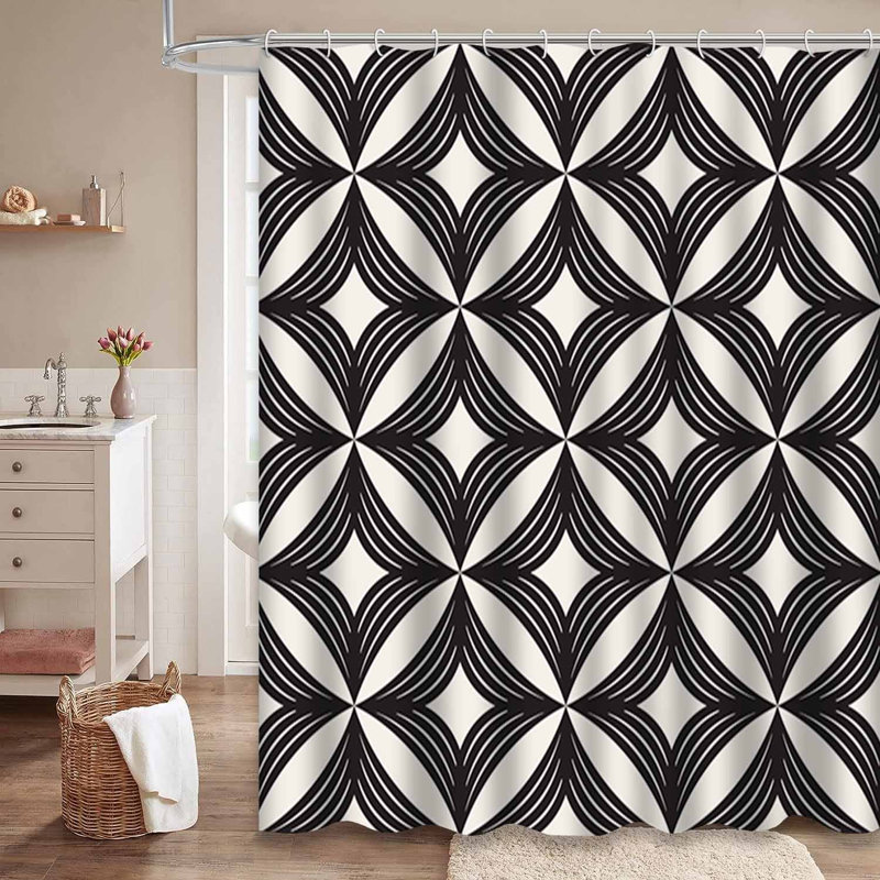 Waterproof Modern Abstract Tile Line Geometric Wave Shower Curtain with 12 Hooks, 72" L x 78" W