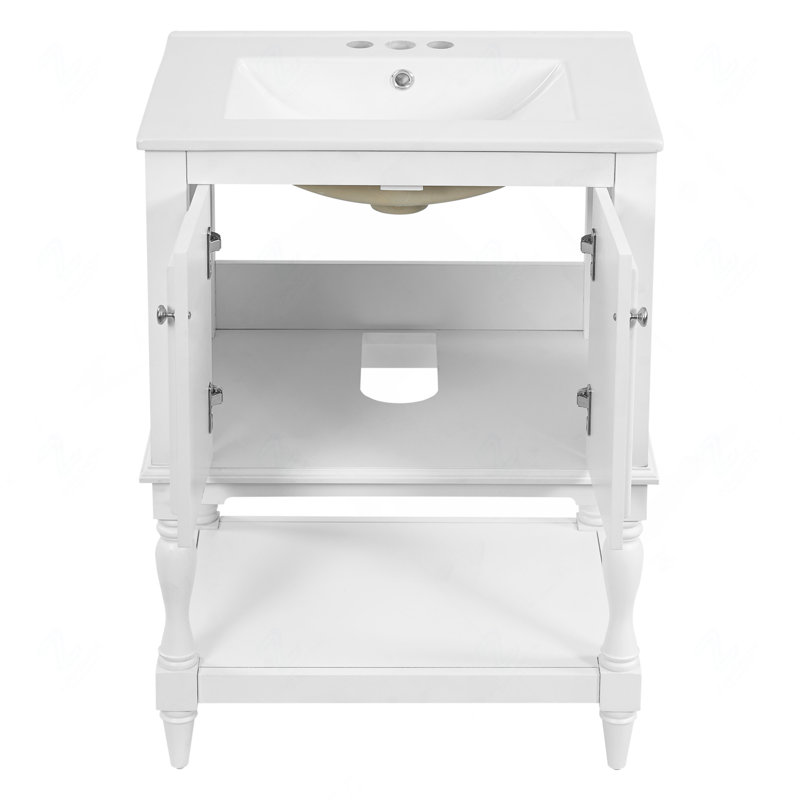 Meuble-lavabo de luxe moderne 24 po avec lavabo en céramique, armoire de salle de bain avec tablette ouverte et rangement fermé