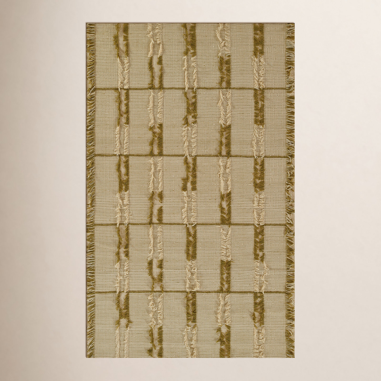Ganya Green Hand-Woven Striped Wool Rug, Rectangle 5' x 8'