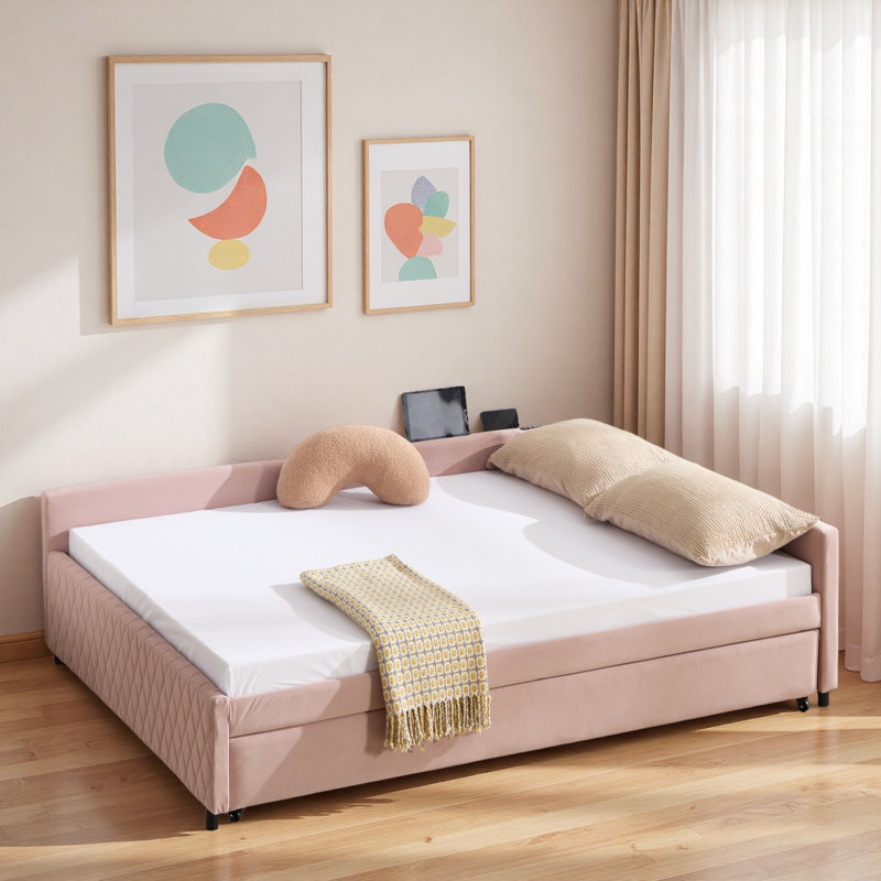 Upholstered Daybed With Trundle And Usb, Pink