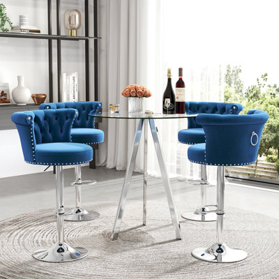 Ensemble de table de bar ronde en verre réglable en hauteur et tabourets de bar sur pattes en velours