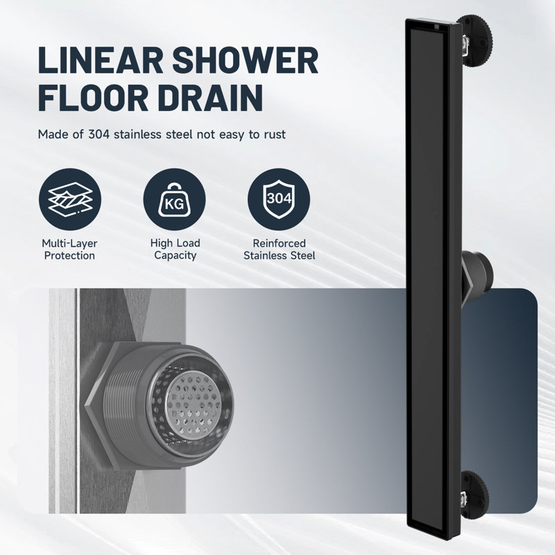 24" 304 Stainless Steel Linear Drain For Fast Drainage, Floor Drain For Bathroom In Matte Black, Matte Black