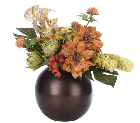 Hortensia Dahlia, vert orange, pot en métal, l 18 po x P 14 po