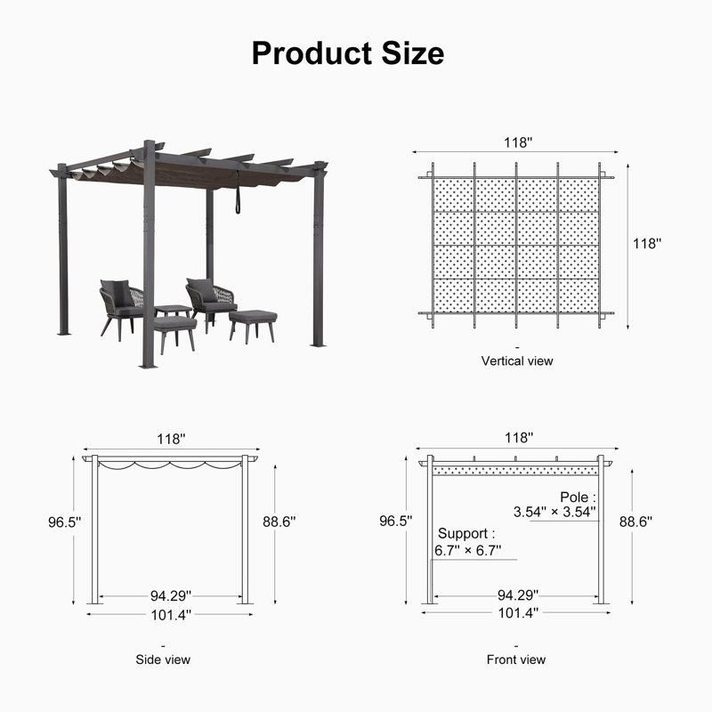 9.8' W x 9.8' D Metal Pergola with Canopy, Gray