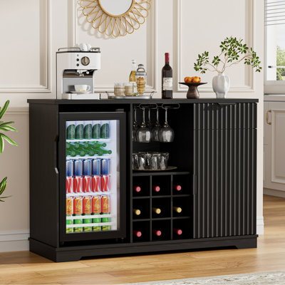 Bar Cabinet With Fridge (Fridge Included), 47" Coffee Bar Cabinet With Wine Rack And Glass Holder, Liquor Cabinets With Drawer & Storage, Home Bar For Dining Room Kitchen, Black
