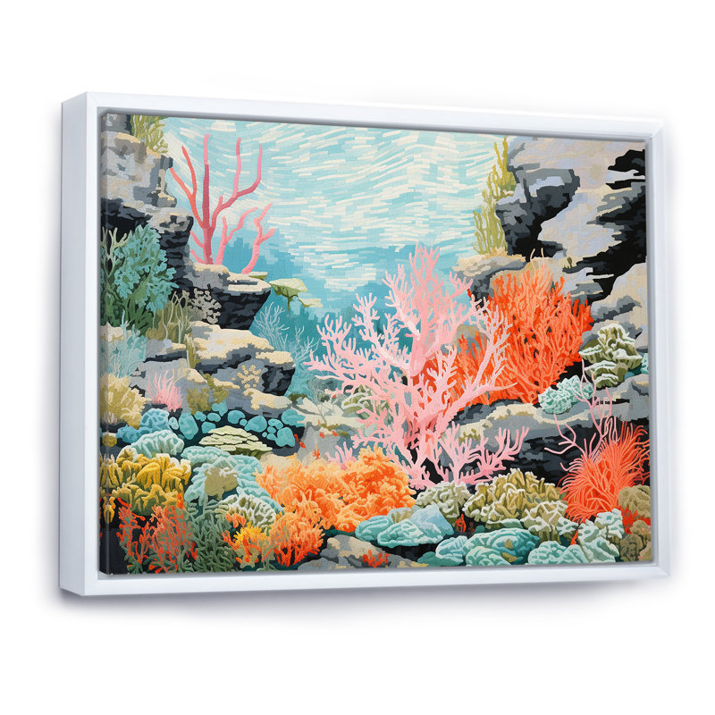 Corail et anémone IV sur toile, H 12 po x l 20 po x P 1 po, Cadre flottant blanc