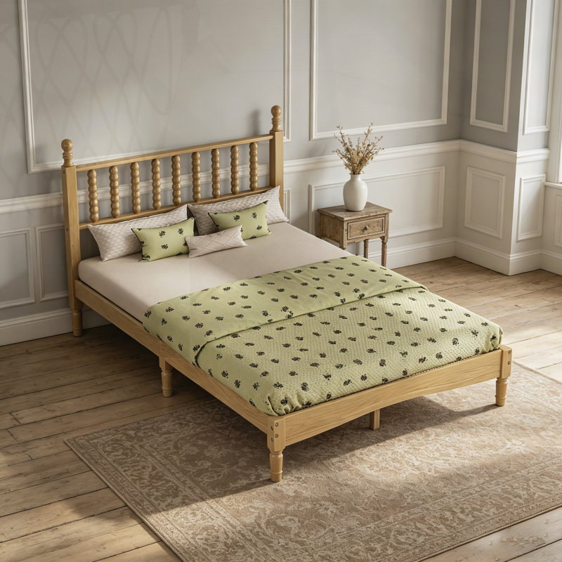 Lit plateforme en bois avec tête de lit en forme de gourde, style rétro et support en lattes de bois robuste pour un sommeil confortable
