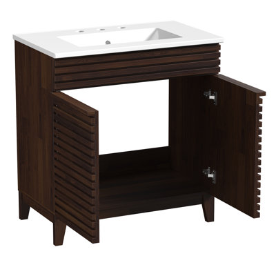 Meuble-lavabo moderne de 30 pouces de style Mid-Century avec lavabo en céramique et portes à lattes en bois massif