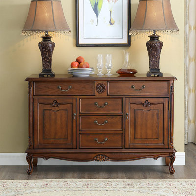 Walnut Finish Solid Rubber Wood Rectangular Sideboard Cabinet