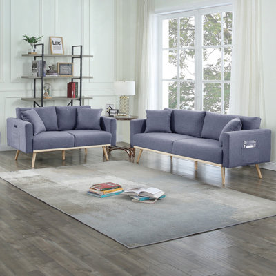 Ensemble de canapé-lit en tissu de lin gris foncé Elio avec poches de chargement USB et coussins